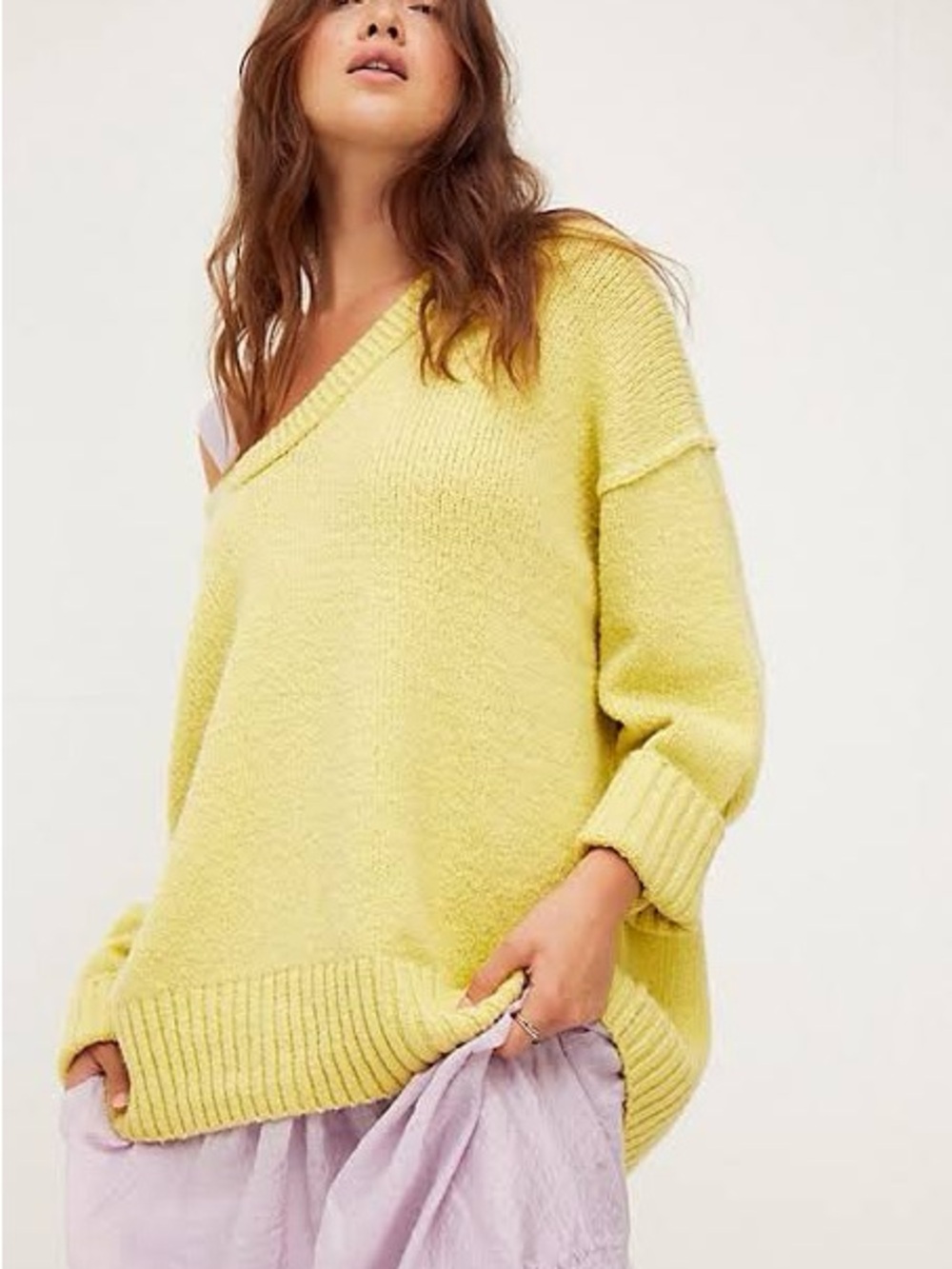 Free People Brookside Soft Lemon V-Neck Oversized Sweater
